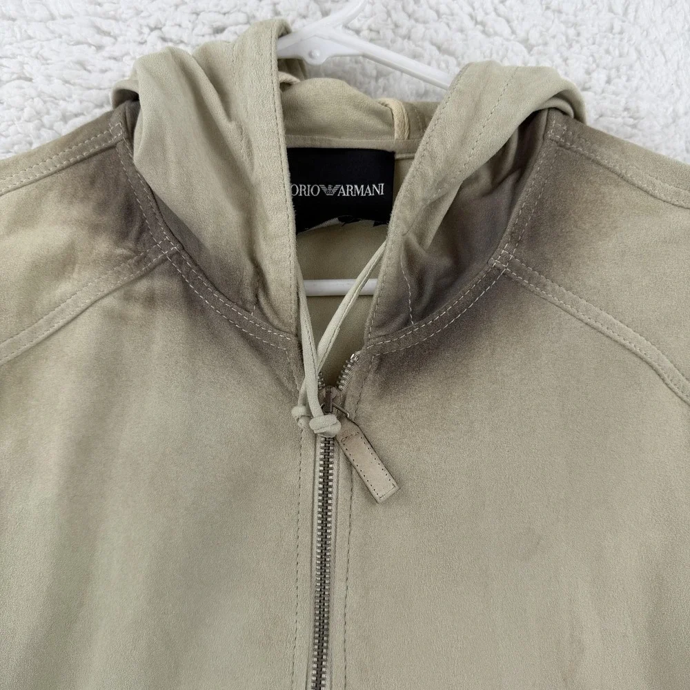 Emporio Armani Leather Jacket Mens 50 M Brown Goat Hoodie‎ Full Zip Bomber Y2K